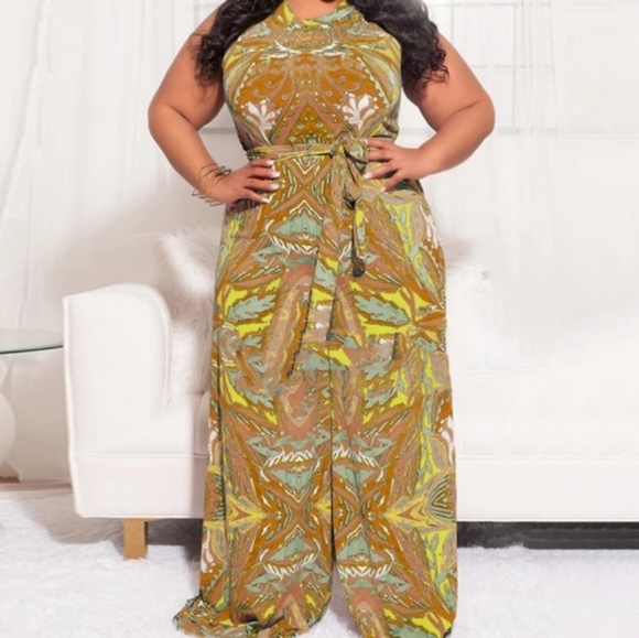 CM.YAYA Khaki Paisley Sleeveless Wide Leg Straight Jumpsuit Size XXXL NWOT - Picture 1 of 9